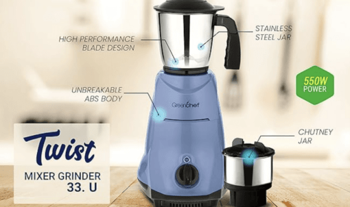 Greenchef Twist (550 Watt) Mixer Grinder with 2 Stainless Steel Jar,Blue. - Image 2